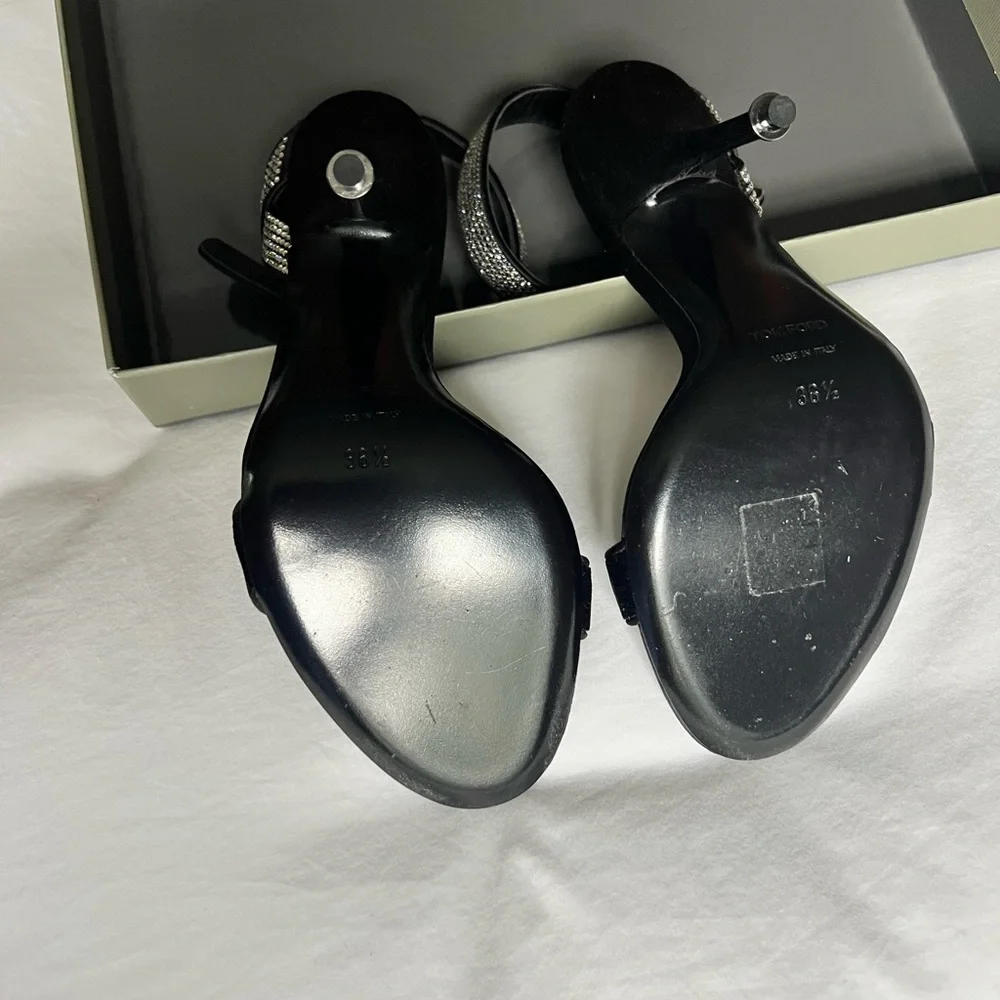 Tom Ford black velvet silk crystal stiletto sandals size 36 1/2 - Picture 5 of 8